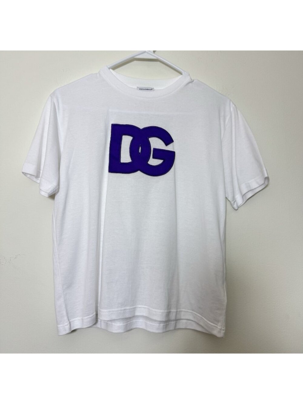 DOLCE & GABBANA Kids Unisex T-shirt Size 11/12 White Purple DG Logo Crew Neck